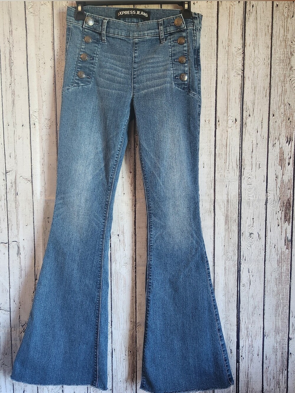 Express Bell Flare Mid Rise Sailor Button Jeans Size 4 Boho Festival Raw Hem